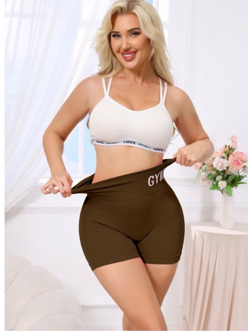 High Waist Workout Shorts Lift Butt “GYM-MINUTE” dark brown SZ XL
